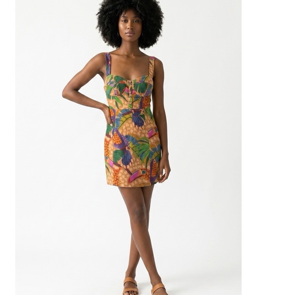 FARM Rio Dresses & Skirts - Farm Rio Sand Painted Toucans Mini Dress Womens Small Linen Tropical Boho